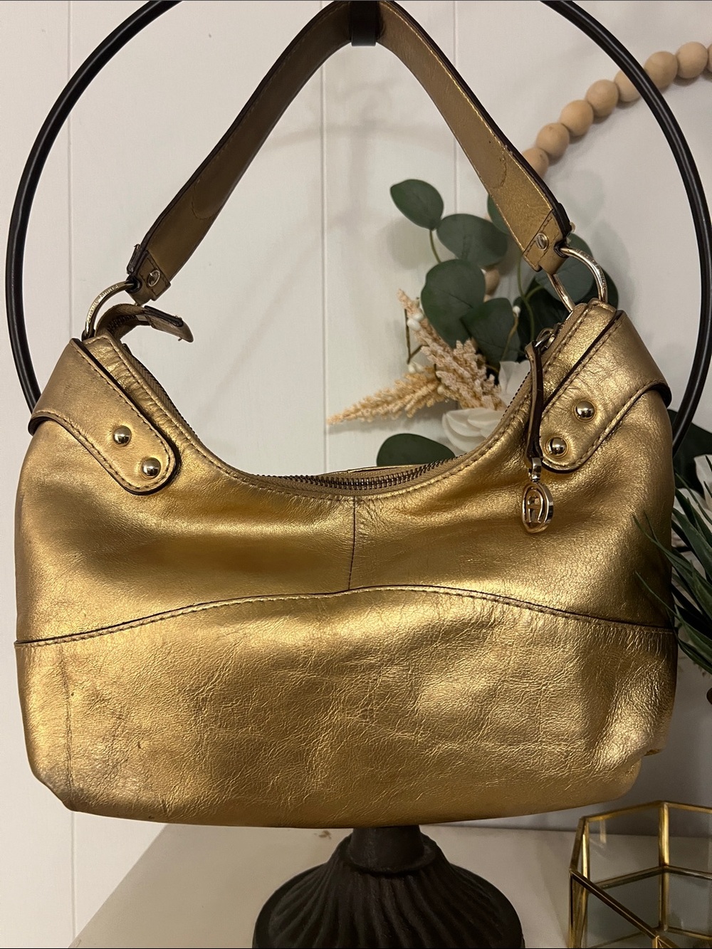 Etienne Aigner Leather Metallic Gold Shoulder Hobo Bag
